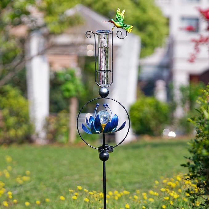 Rain Gauge Outdoor,42 Inch Solar Rain Gauges Decorative with Lotus Flower Spinner Light,Large Number Plastic Tube Rain Catcher Freeze Proof Hummingbird Water Gauge for Garden Yard Lawn