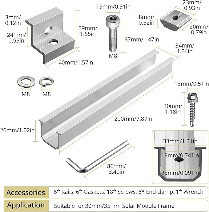 Anbte Solar Panel Bracket Kit, 6 Pcs 7.87 in Aluminium Solar Panel Mounting Rail 30mm/35mm Solar Panel End Clamps, Solar Panel Brackets for Metal Roof, Tin Roof, Flat Roof, Sheet Roof, RV, Silver