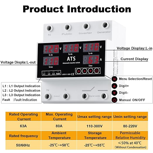Automatic Transfer Switch,Automatic Switching Between Utility Power、Generator and Inverter,Overcurrent Protection,Overvoltage and undervoltage Protection,63A