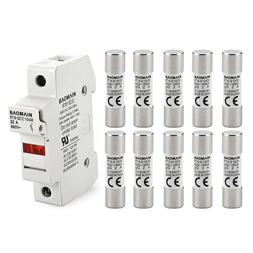 Baomain RT18-32 Fuse Holder Base with 10x2A Ceramic Fuses (10x38mm) – 1 Pole DIN Rail Mount, LED Indicator, CE Certified (2 Amp)