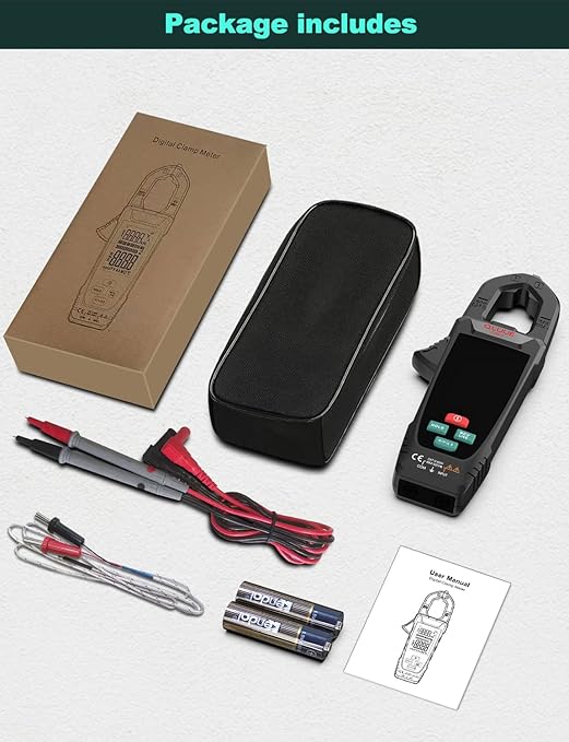 Digital Clamp Meter Multimeter for AC/DC Current & Voltage, Auto-ranging 9999 Counts Voltage Tester with Flashlight Backlight, Measuring Temperature Continuity Diode NCV
