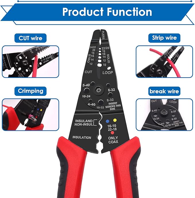 smseace Red Wire Crimping tool Wire crimper,stripper and cutter for insulated/Bare/Heat Shrink connectors(22-10 AWG) Multifunctional Cable Stripper and Crimping tool