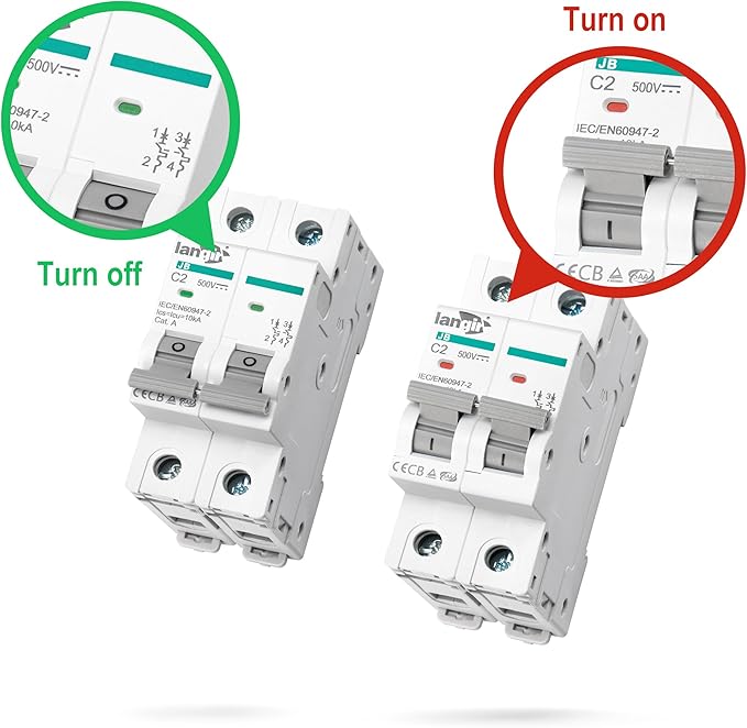 2P DC Circuit Breaker 32A 500V, DIN Rail Mount Solar Disconnect Switch for PV System, Battery, Inverter, RV & Home Electrical Panel