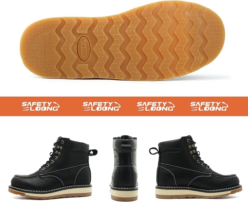 Moc Toe Work Boots for Men Waterproof Soft/Steel Toe Comfortable Full Grain Leather Non Slip Wedge Outsole Construction 6" Workboots