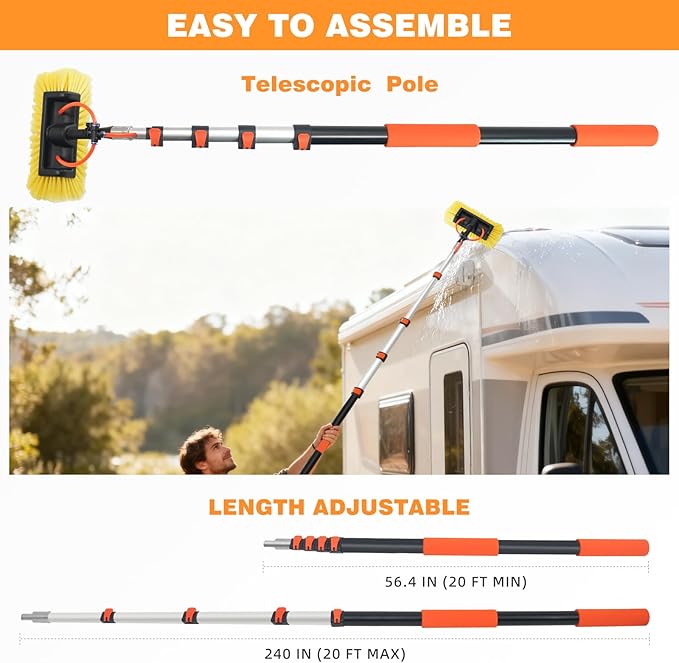 20FT Car Wash Brush with Long Handle Hose Attachment Telescopic Pole with Angle Adapter 12" Soft and Hard Bristle Cleaning Brush for Car Truck RV House Floor Window Roof Pool Solar Panels