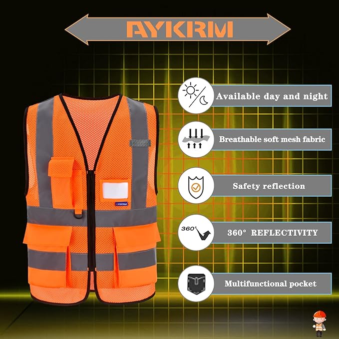 A-SAFETY High Visibility Mesh Safety Reflective Vest with Pockets and Zipper,Hi Vis Viz Reflective Safety Vest(Orange Mesh 4XL-5XL)