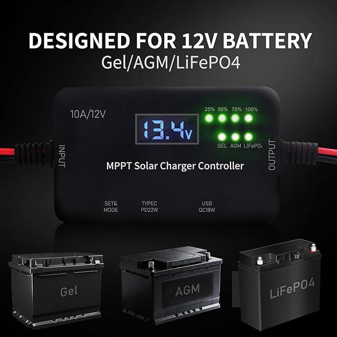 MPPT Solar Charge Controller 12V 10A with Wire Connectors ,Solar Panel Charge Controller with Type-C and USB Output for Gel, AGM, LiFePO4 Battery