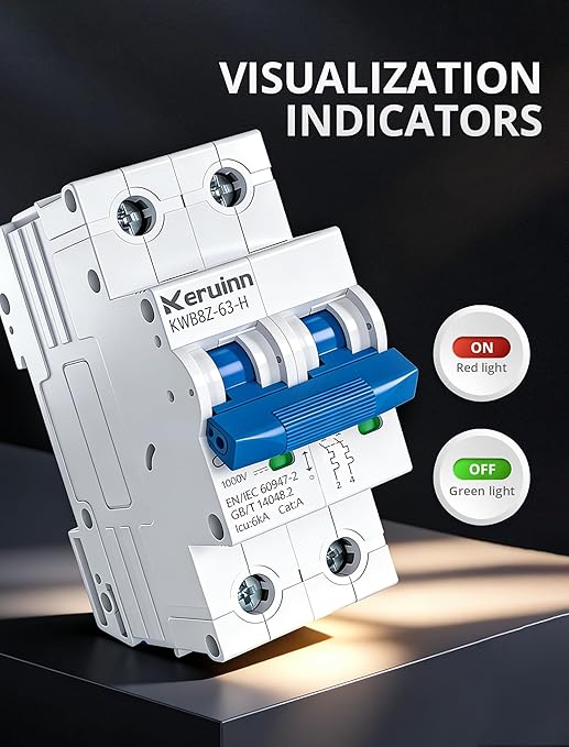 Miniature Circuit Breaker 1000V DC Circuit Breaker 2 Pole 32Amp Smart Circuit Breaker,DC Disconnect Switch DIN Rail Mount for Marine Power Systems, Solar photovoltaic Systems (C32A)