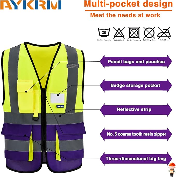 SMALL High Visibility Safety Vest with ZIPPER Yellow&Purple