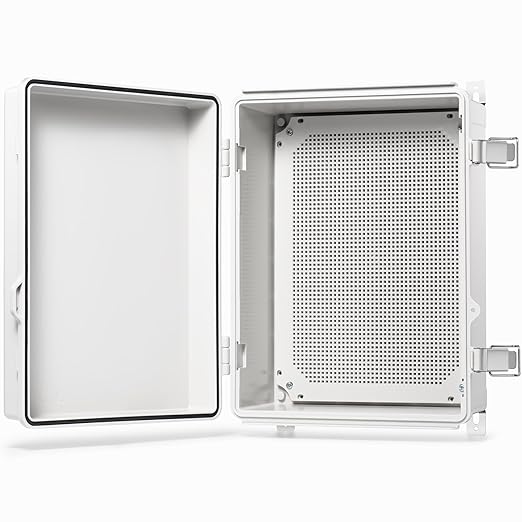 QILIPSU Waterproof Junction Box IP67 Outdoor Plastic Electrical Project Enclosure Weatherproof with Mounting Plate, Wall Brackets, Hinged Grey Cover 16.1"x12.2"x7.1"