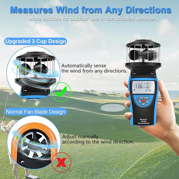 HoldPeak Handheld Cup Anemometer with Compass, 360° Wind Measuring Digital Air Wind Speed Meter, 93MPH Wind Speed Measuring Device Gauges for Outdoor Sailing HVAC Golf Shooting