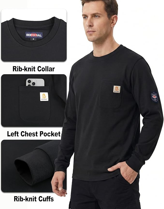 BOCOMAL FR Shirts Crewneck 7oz Midweight Flame Resistant Clothing NFPA2112 CAT2 Men's Fire Retardant Work Shirt