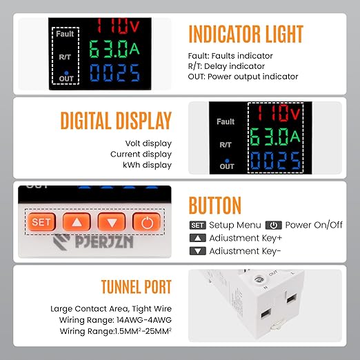 Adjustable Voltage Protector 110/230VAC 2P 63A Adjustable Smart Breaker Voltage Protector Current Limit Metering Overvoltage Undervoltage Time-delay Protection Automatic Reset