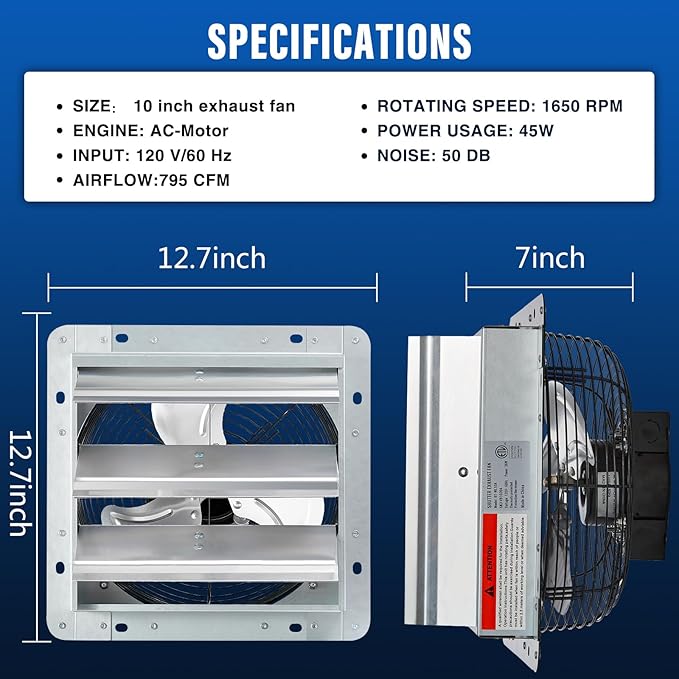 GCJ 10 Inch Wall Mounted Louver Exhaust Fan, High-Speed 1650 Rpm, Attic Fan, Suitable for Ventilation, Extraction, and Exhaust in Garages, Greenhouse