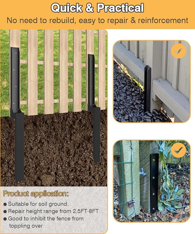 Fence Post Anchor Kit, Heavy Duty Metal Steel Post Repair Kit, Anchor Stakes Ground Spike for Repairing Tilted/Broken Wood Fence, Metal-Plate Style, 2 Packs
