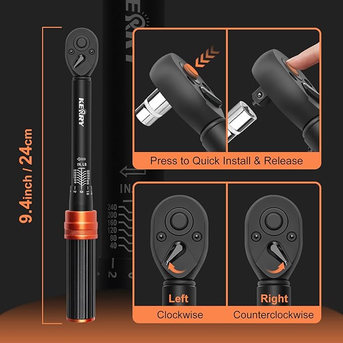 Kerry 1/4 Inch Drive Click Torque Wrench, 20-240 IN.LB/2.3-27.1 Nm, ±3% High Accuracy, Dual Range Scales, Clearly Graduated, Eeasy Read, Hardened Alumium Alloy, 72 Tooth Click Torque Wrench for Bike
