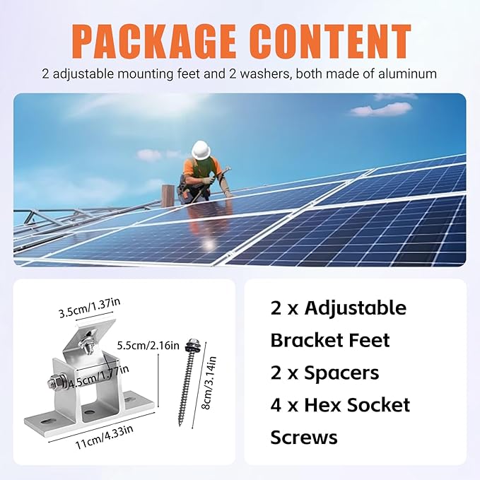 Adjustable Solar Panel Tilt Mount Brackets, 2 Sets 15-30° Adjustable Aluminum Solar Mounting Brackets Support 50-400 Watt Panel for Flat Surface for Flat Surface, RV, Roo