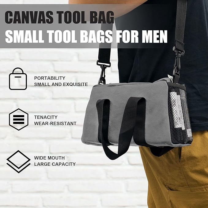 Small Tool Bag,Close Top Wide Mouth Tool Organizer Bag,Large Capacity Tool Bags for Men,Canvas Tool Storage Bag for Storage Handbag for Screwdrivers,Wrench (Shoulder strap+Gray, 12 Inch)