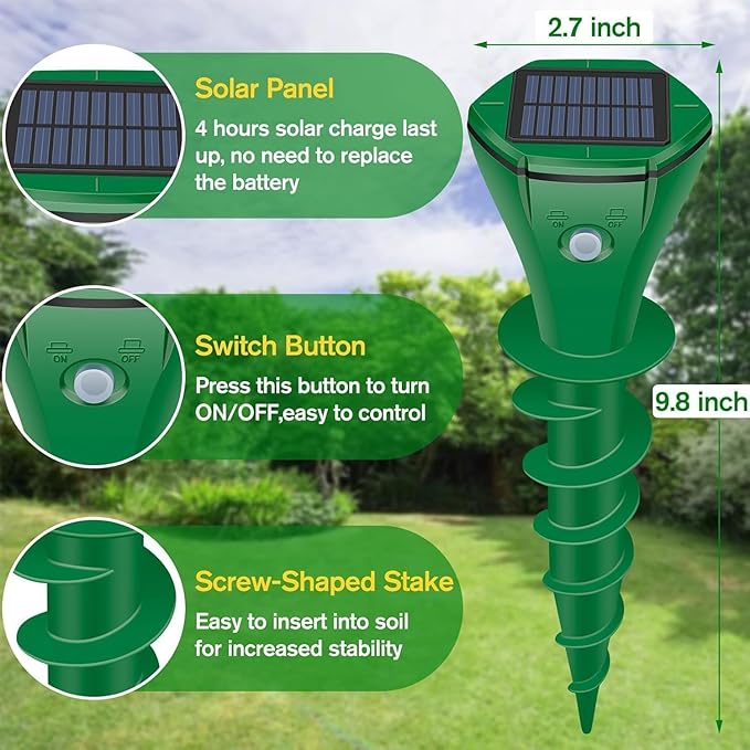 Mole Repellent Solar Powered,6 Pack Ultrasonic Gopher Repeller IP65 Waterproof for Lawn Garden Yard, Sonic Vole Repellent Mole Killer Outdoor Get Rid of Snake Groundhog Chipmunk Squirrels-Green