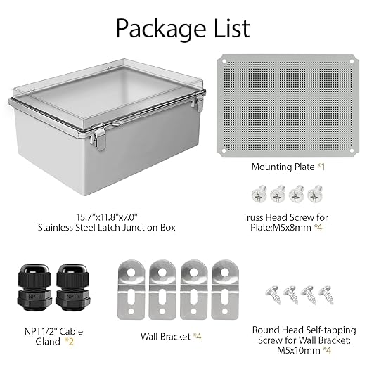 LeMotech Electrical Box, IP67 Waterproof Hinged Clear Cover Stainless Steel Latch Junction Box, ABS Plastic Electrical Enclosure with Mounting Plate,Wall Brackets, Cable Glands,15.7"x11.8"x7.0",Grey