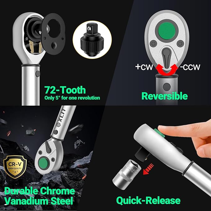 1/2-Inch Drive Click Torque Wrench, ±3% Accuracy, 72-Tooth Ratchet, 10-170 ft-lb/13-230 Nm, CR-V Steel, Pro Automotive & Motorcycle Repair Tool with Portable Case