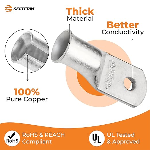 SELTERM 10pcs 1 AWG-#10 Stud Tinned Copper Wire Lugs, Heavy Duty Battery Cable Ends,1 Gauge Ring Terminals, UL Battery Lugs Marine Grade Copper Eyelets Electrical Battery Terminal Connectors