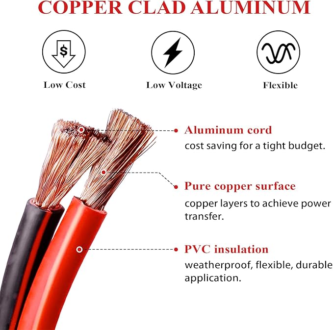 2 Gauge Battery Welding Cable, 12 Feet Black and 12 Feet Red CCA Wire with M8 & M10 SC Connector Lugs Shrinkable Tubing and Braided Sleeve for Car, Camper, RV, Solar Low Voltage Wiring