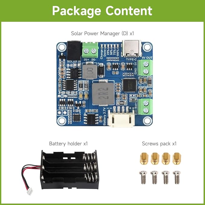 Waveshare Solar Power Manager Module (D), Solar Charge Controller USB, Supports 6V~24V Solar Panel and Type-C Power Adapter, 5V/3A Regulated Output, with Battery Holder (Batteries are Not Included)