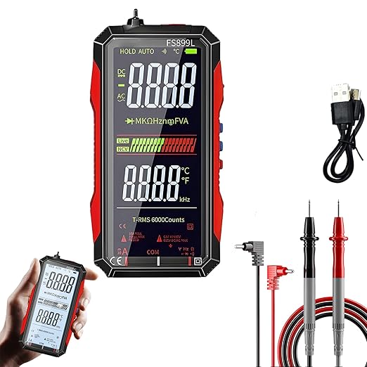 Digital Multimeter FS899L Upgraded - USB Rechargeable 6000 Counts True RMS Tester with Color Screen, Auto-Ranging for Home/Industrial/Car Electrical Testing (FS899L)