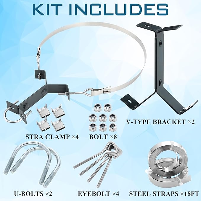 Blulu 2 Set TV Chimney Antenna Y-Mount Kit 18ft Galvanized Steel Straps Stainless Steel 4 Inch Standoff Pole Mast Bracket Wall Mounting Heavy Duty for Cb Ham Home Outdoor Weather Station