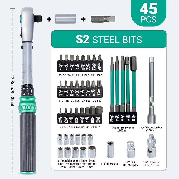 1/4" Bike Torque Wrench Set 45-Piece, 1-25 Nm, ±3% Accuracy - Fine 72-Tooth Head, Multi-Bit Drive Set, Sockets - Portable Bicycle Repair Tool Kit for Road/Mountain Bike, MTB, Cycling Maintenance