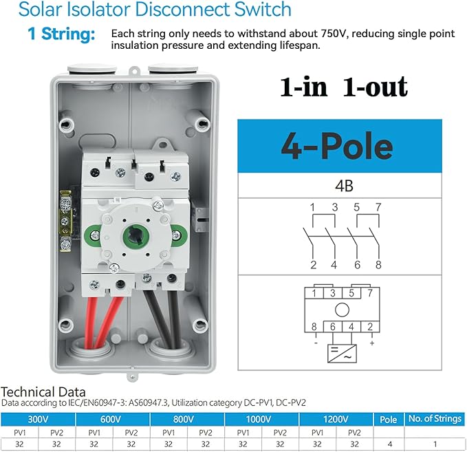 32Amp Solar Disconnect Switch DC1500V Isolator Switch; 1-in 1-Out; Waterproof IP66; Enclosure for Rooftop Solar Systems Input and Output at Bottom 4-Pole
