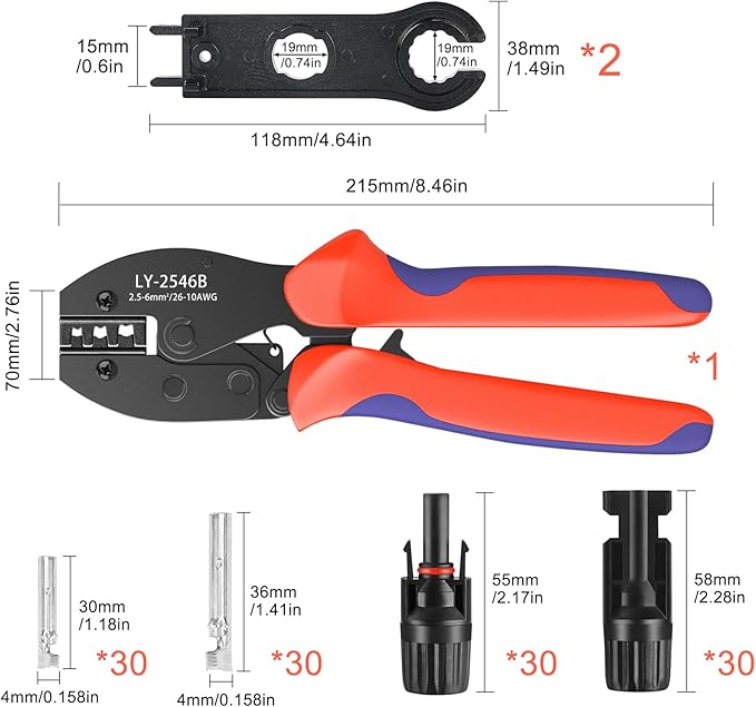 123PCS Solar Crimper Tool Kit - 30 Pairs Solar Connectors 30 Pairs Solar Connector Pins 2 PCS Spanner Wrench 1 Wire Crimper Stripper Tool for 2.5/4/6mm² Solar Panel Installation Assembly Tools