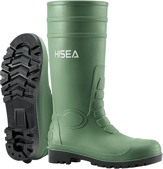 HISEA Men's Steel Toe Rain Boots PVC Rubber Boots, Waterproof Garden Fishing Outdoor Work Boots, Durable Slip Resistant Knee Boots for Agriculture and Industrial Working