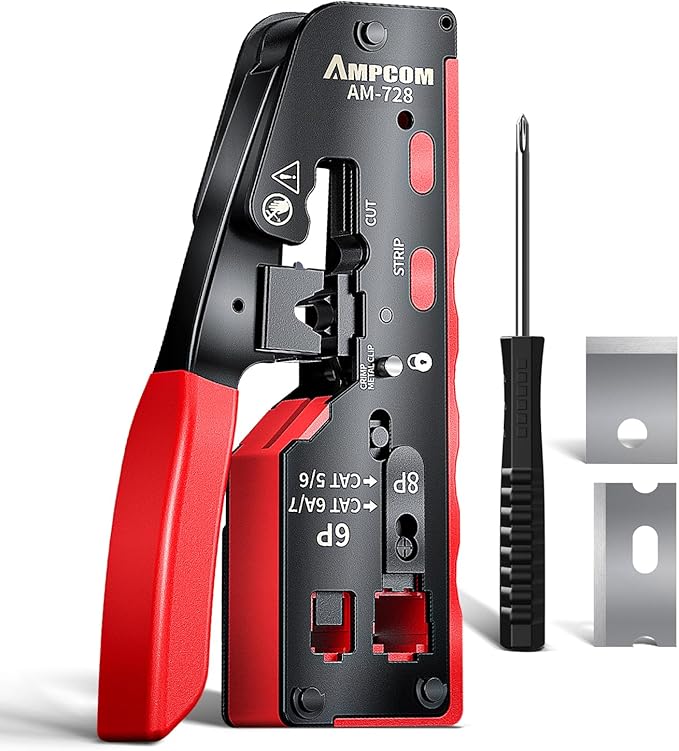 AMPCOM Pass Through RJ45 Crimp Tool, All-in-one Ethernet Crimper, Crimping for STP UTP RJ45/ RJ11 Cat8 Cat7 Cat6A Cat6 Cat5e Cat5 Connectors, AM-728RD
