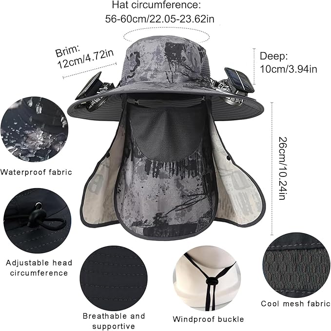 2026 Wide Brim Sun Hat with 2 Solar Fan,Grey Fishing Hat with Removable Neck Cap and Face Mask,Sun Bucket Hat for Men or Women Fishing Outdoor Hiking Camping Gift for Father Husband Boyfriend
