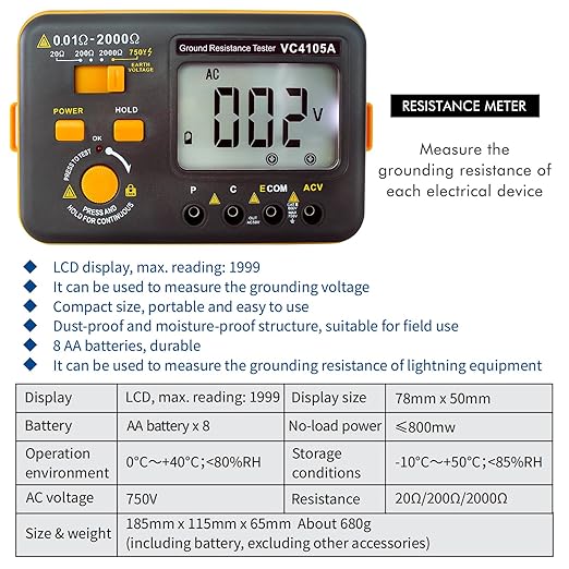 VC4105A Earth Resistance Tester Digital Grounding Resistance Meter 20/200/2000Ω Ground Resistance 750V AC Voltage Measure Backlight LCD Display Data Hold