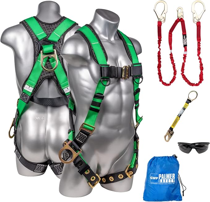 Palmer Safety Fall Protection Safety Harness Kit I Construction Harness + Various Lanyard + D-Ring Extender