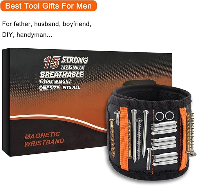 Magnetic Wristband with 15 Strong Magnets, Tool Belt Magnetic Wrist band for Holding Screws, Nails, Drill Bits, Perfect Gifts Gadgets for Men, Father/Dad, Husband and Carpenters