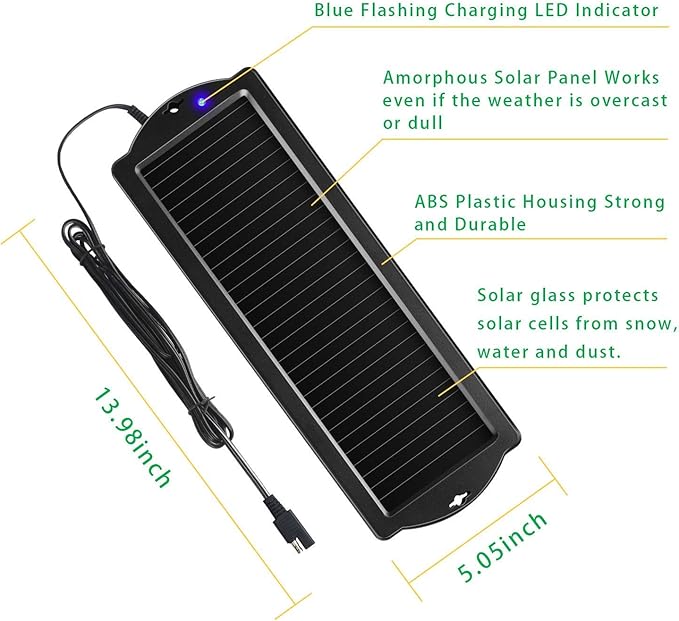 Sunway Solar Car Battery Trickle Charger & Maintainer 12V Solar Panel Power Battery Charger With Cigarette Lighter Plug Battery Clamp For Car Automotive Motorcycle Boat Marine Snowmobile Watercraft RV