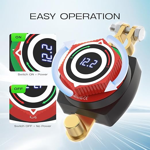 Top Post Battery Disconnect Switch 12V with LED Voltmeter, DC5-80V Car Battery Disconnect Switch Kill Switch for Car, RV, Boat, Marine On Off Battery Cut Off