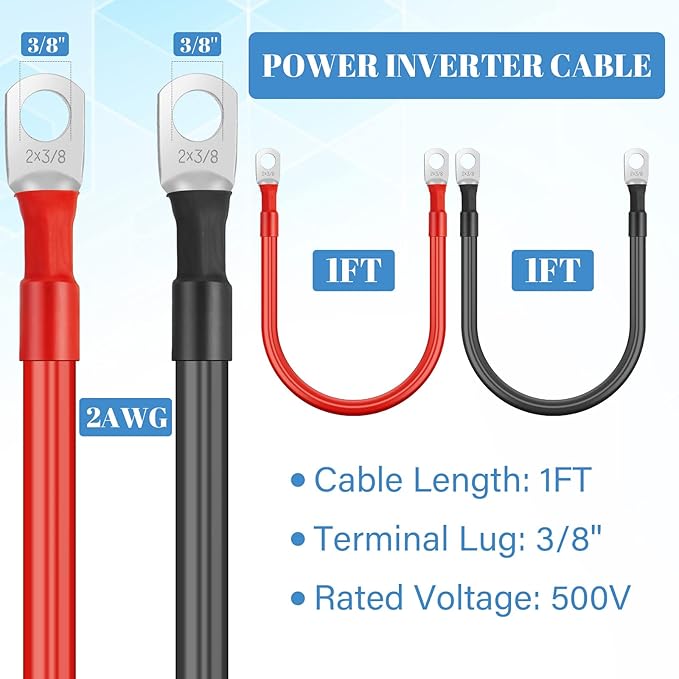 Hoteam 6 Pcs Battery Cable Copper Battery Inverter Cables with Terminals 3/8 Inch Lugs Red and Black Both Ends Power Inverter Wire for Solar Motorcycle Automotive RV Car Boat Marine(2awg,1ft)