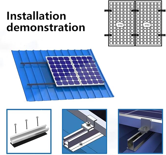 Solar Panel Bracket Kit - 6 Pcs Aluminium Mounting Rail 200mm, Panel Mount 30mm/35mm, Z-Bracket Set, Center Clamps, Rail Connector for Metal, Tin, Flat, Sheet Roof