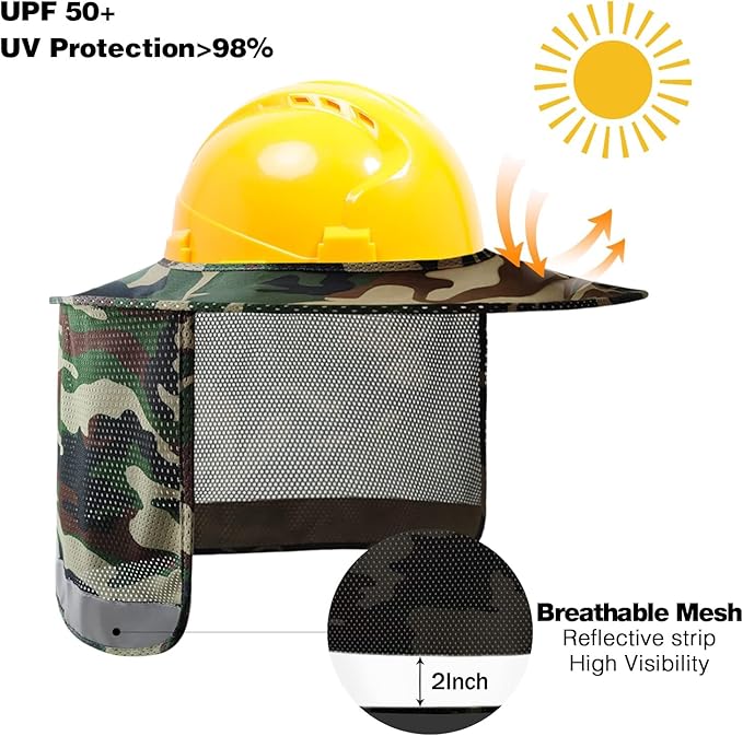 TCCFCCT Hard Hat Sun Shade - Full Brim Mesh Neck Shield, High Visibility Visor, Face Scarf, Accessories - 2 Packs, Camo (Hat Not Included)