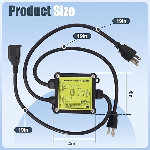 AC120V 15A Automatic Transfer Switch, ATS Power Transfer Switch with NEMA 5-15P Plug and 5-15R Receptacle, Auto Backup Power Switching Device