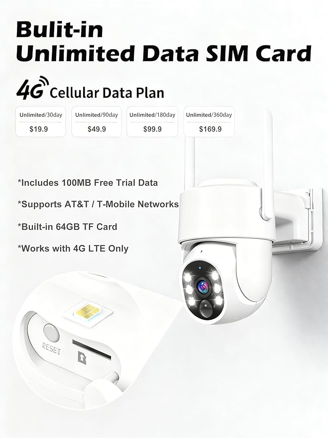 4G LTE Cellular Solar Security Cameras Wireless Outdoor, No WiFi Solar & Battery Powered Outdoor Security Camera, 2K Color Night Vision, Human Detection, Built in TF/SIM Card