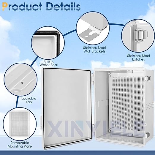 Waterproof Outdoor Project ABS Plastic Junction Box IP67 Weatherproof Dustproof Enclosure with Hinged Cover, Mounting Plate,Wall Brackets for Power Project (Grey,17.7"x13.8"x7.9")