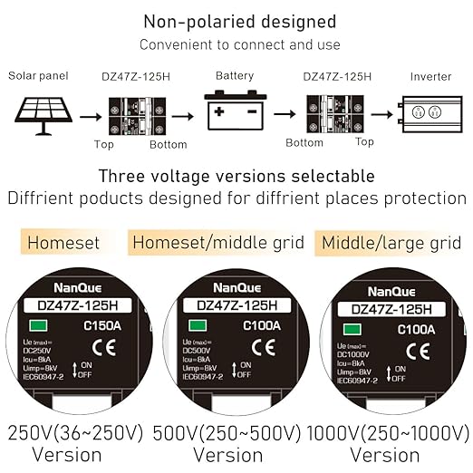 DC Circuit Breaker 36V to 250V Large Current Max 150A Black Color DIN Rail Mounting 2 Poles Thermomagnetic Short Circuit Overload Protector Solar Panel Battery Switchs (100A)