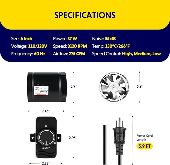 iPower 6 Inch Inline Booster Duct Fan with Speed Controller, 275 CFM Exhaust Fan HVAC, Duct Blower for Bathroom, Kitchen, Basement, Attic and Grow Tent