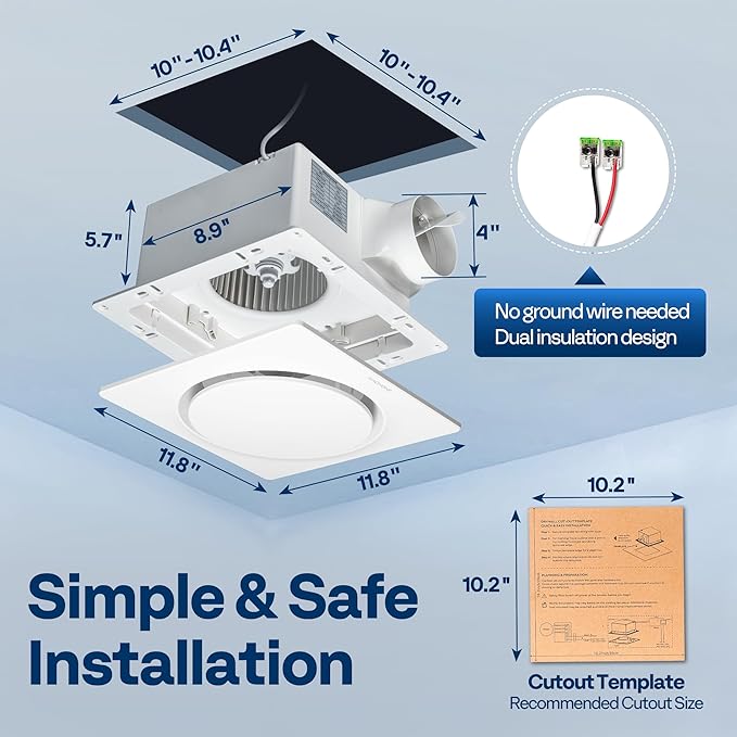 VIVOHOME AutoFlow Bathroom Exhaust Fan with Humidity Sensor 110CFM - Energy-Saving EC Motor,10.2-inch Ceiling Retrofit Bath Fan, No Attic Access Needed(Install Kit, 4-in Duct Included)